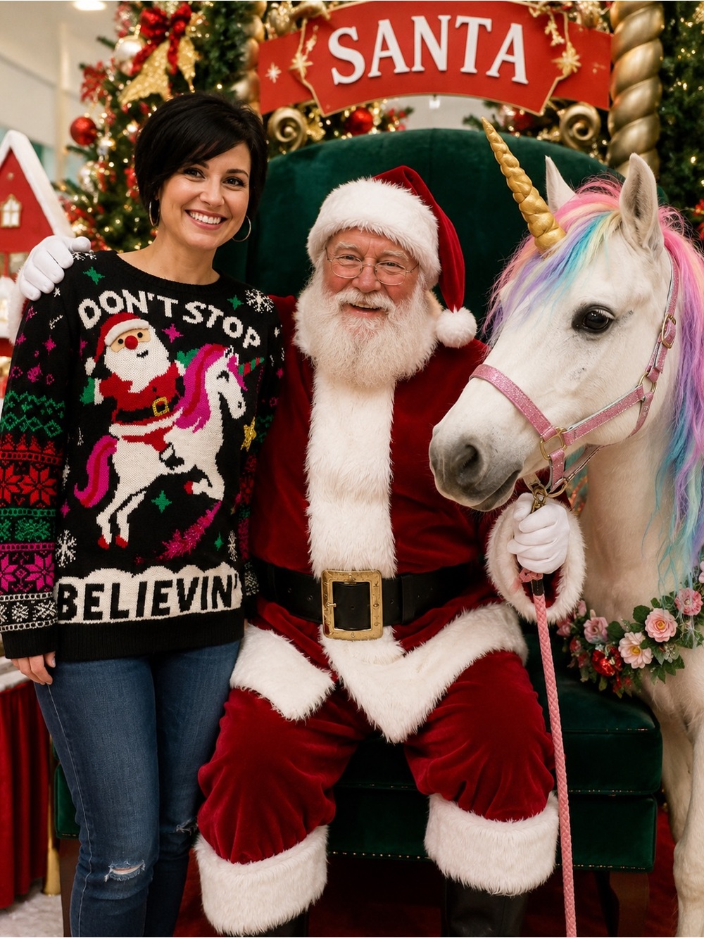 Ugly Christmas Sweater "Don't Stop Believin" Unicorn Sz Lg 11-13 Bling Garland